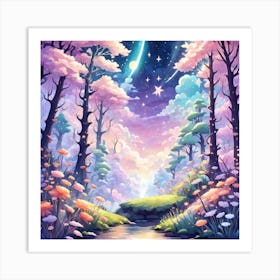 A Fantasy Forest With Twinkling Stars In Pastel Tone Square Composition 210 Art Print