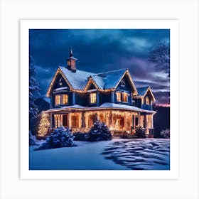 Christmas House At Night Art Print