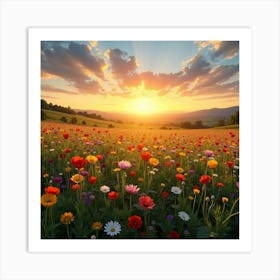 A Picturesque View Of A Field Of Colorful Wildflowers Under A Sunset Sky 3 Art Print