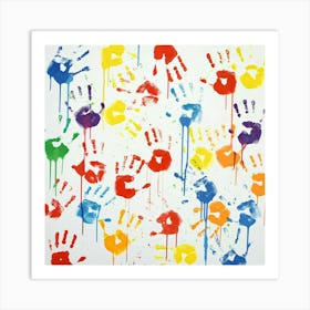 Colorful Handprints Of Different Colors With Paint Drips On A White Background Art Print