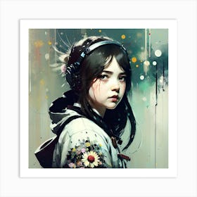 Girl With Headphones Ai Art Print