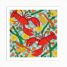 LOBSTER DINNER Red Crustacean Coastal Beach Shellfish Seafood on Checkerboard Food Kitchen Art Print