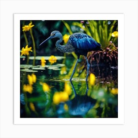 Yellow Lagoon Flowers with Wading Blue Bird Art Print