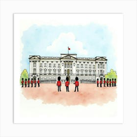 Watercolor Illustration Of Buckingham Palace With Its Regal Facade And The Changing Of The Guard Ceremony Art Print