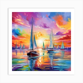 Sailboats At Sunset 11 Art Print