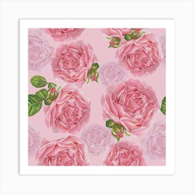 Beautiful Pink Hand Drawn Watercolor Roses Pattern Square Art Print