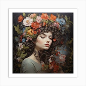 Woman With Flowers On Her Head Art Print