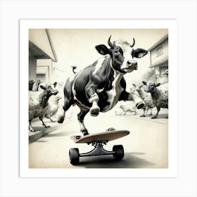 Cow Riding A Skateboard Art Print