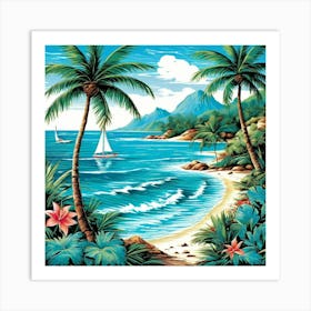 Beach Scene With Palm Trees Art Print