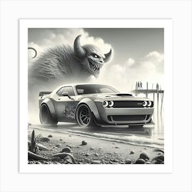 A Pencil Drawing Of A Dodge Demon At A Beach Front Art Print