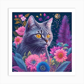 Cat In Flowers 2 Art Print