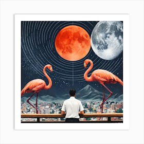 Flamingos And Moon Art Print