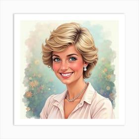 Princess Diana Beaming In Front Of A Soft Pastel Watercolor Scene, Elegant Smile 1 Art Print