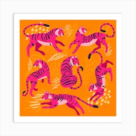 Vibrant Pink Tigers On Bright Orange Square Art Print