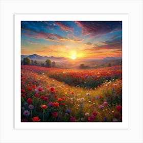 Sunset In A Flower Field Art Print