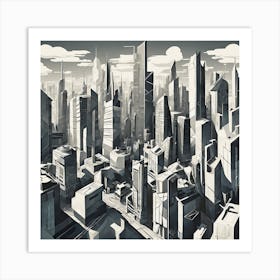 Futuristic City Monochrome Cubism Style Art Print