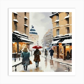 Paris cafes, winter season, Christmas, pale colors, pedestrians in the street, winter clothes, falling snow.7 Art Print