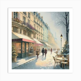 Paris cafes, winter season, Christmas, pale colors, pedestrians in the street, winter clothes, falling snow.8 Art Print