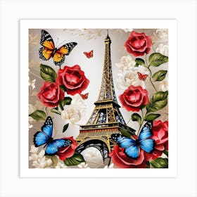 Paris With Roses And Butterflies 2 Art Print