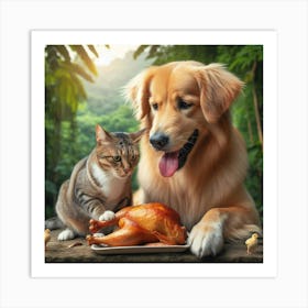 Golden Retriever And Cat With Chicken Art Print