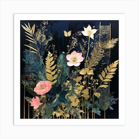 Gold And Black, Flowers On Black pink flowers Art Print