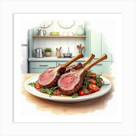 Watercolor Depiction Of A Savory And Flavorful Lamb Chops On A Modern Kitchen Table Art Print