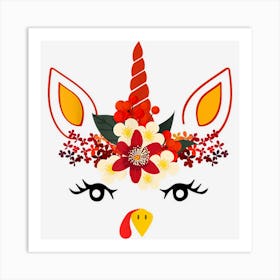 Turkey Unicorn Face Flower Thanksgiving Pilgrim Girls Kids Art Print