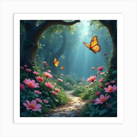 A Magical Garden With Talking Flowers And Floating, Glowing Butterflies 1 Art Print