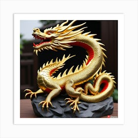 Dragon Dorado Sentado En Piedra De Piedra De Carbon Art Print