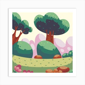 Cartoon Landscape Forest Nature Flowers Trees Art Print