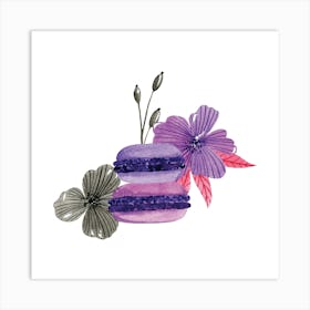 Purple Macarons And Flowers Art Print