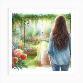 Into the Garden Girl Watercolor Painting Art Print