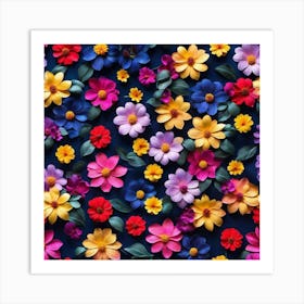 Colorful Flowers On A Blue Background 1 Art Print