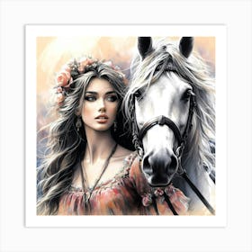 Long Hair Beauty With White Horse Color Drawing 1 Art Print