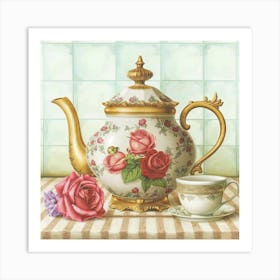 A very finely detailed Victorian style teapot with flowers, plants and roses in the center with a tea cup 16 Art Print