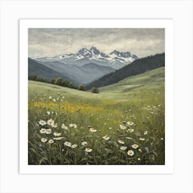 Vintage Oil Painting of Wild Flowers in a Meadow, Mountains in the Background 22 Art Print