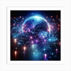 Earth In Space With Network Art Print