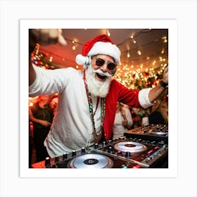 A Silver Haired Senior Man Sporting A Beard And Red Santa Hat Immerses Himself In The Rhythms Of A Art Print