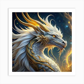 White Dragon With Golden Accents Art Print