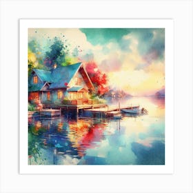 Watercolor House On The Lake Art Print