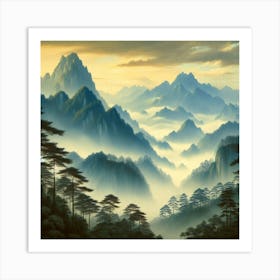 "A serene and misty mountain landscape."Wall poster3 Art Print