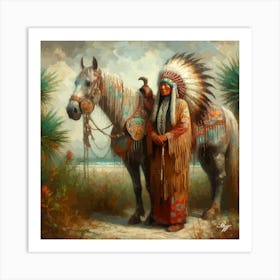 Elderly Native American Woman With Horse 2 Art Print