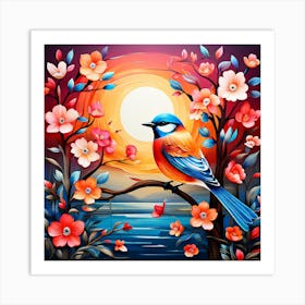 A Bright Toned Design With Flowers And Leaves Trees And Birds A Beautiful And Simple Picture Wall art, Bird On A Branch At Sunset Art Print