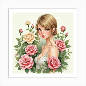 Taylor Swift In A Garden, With Watercolor Roses Blooming Around Her Figure Art Print