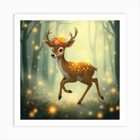 Playful Deer With A Crown Of Glowing Flowers Prancing In A Misty Forest Surrounded By Fireflies 1 Art Print