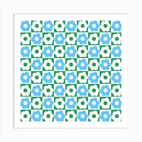 Floral Checker Green Blue Square Art Print