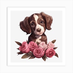 Puppy With Roses 3 Art Print