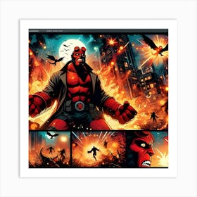 A Page For A Fantasy Comic Book Starring Hellboy Fighting An Epic Battle In A Fiery Apocalyptic Cityscape, Highlighting Explosions And Supernatural Elements Using Vivid Comic Styles And Visual Effects 1 Art Print