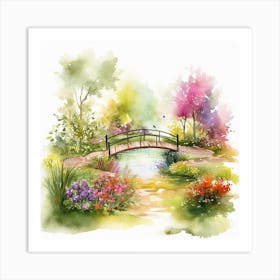 Watercolor Bridge In The Garden Art Print