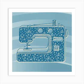 Sewing Machine Floral Pattern Blue Art Print